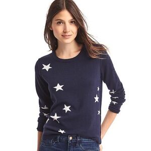 GAP Merino Wool Blend Intarsia Knit Star Sweater Crewneck Navy Blue White Small